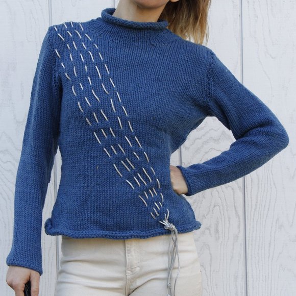 Vintage Mock Turtleneck Wool Sweater with Iridescent Leather Accent - Picture 8 of 12